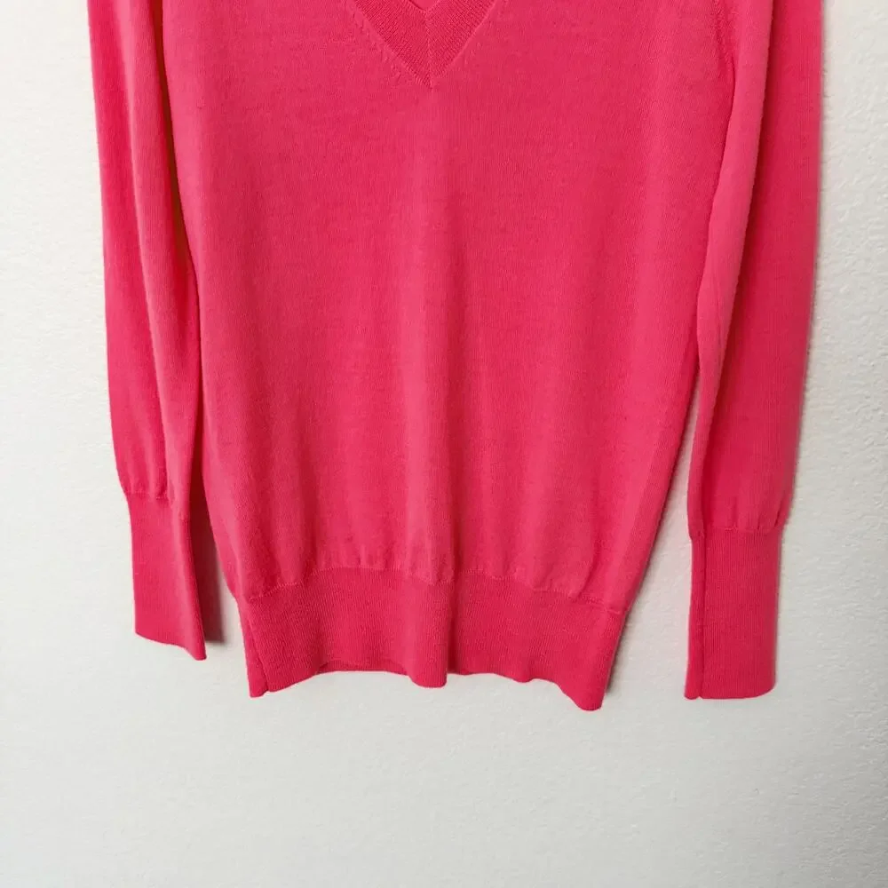 [J. Crew] Bright Pink 100% Merino Wool V-Neck Sweater Lightweight Size Small S